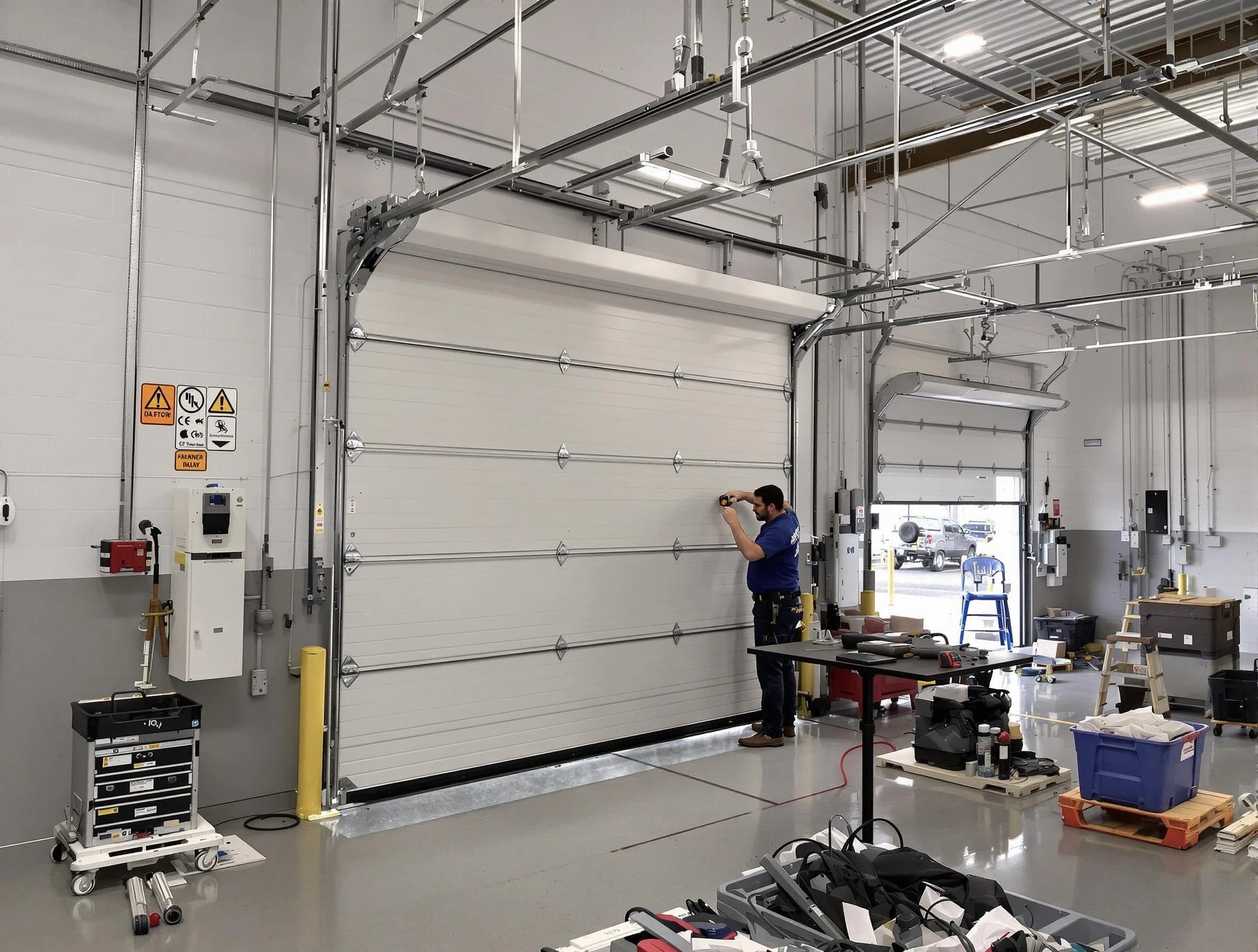Commercial garage door repair being performed by Woodmoor Garage Door Repair expert in Woodmoor
