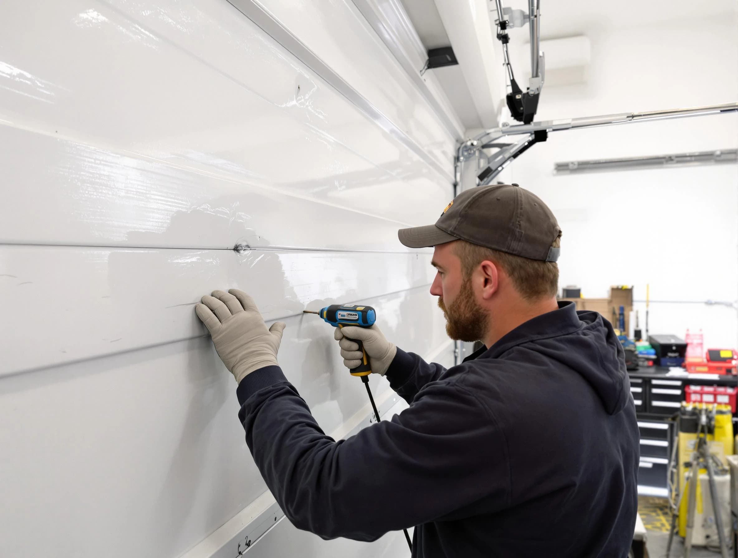 Woodmoor Garage Door Repair technician demonstrating precision dent removal techniques on a Woodmoor garage door