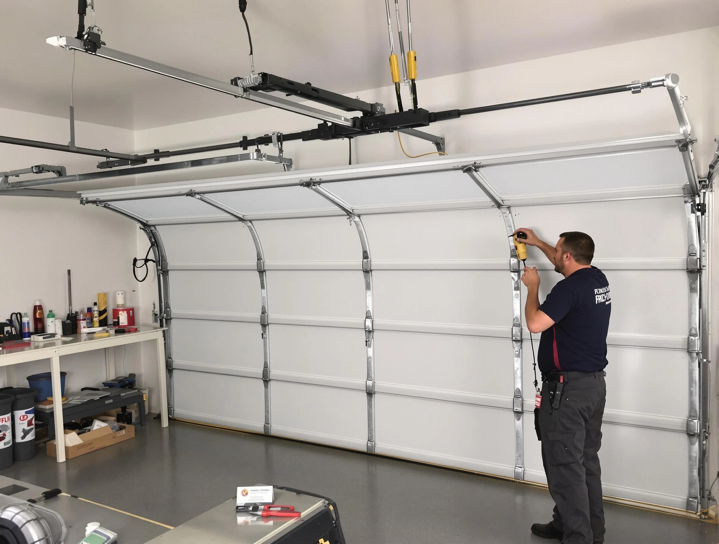 Woodmoor Garage Door Repair certified technician performing overhead door system repair in Woodmoor