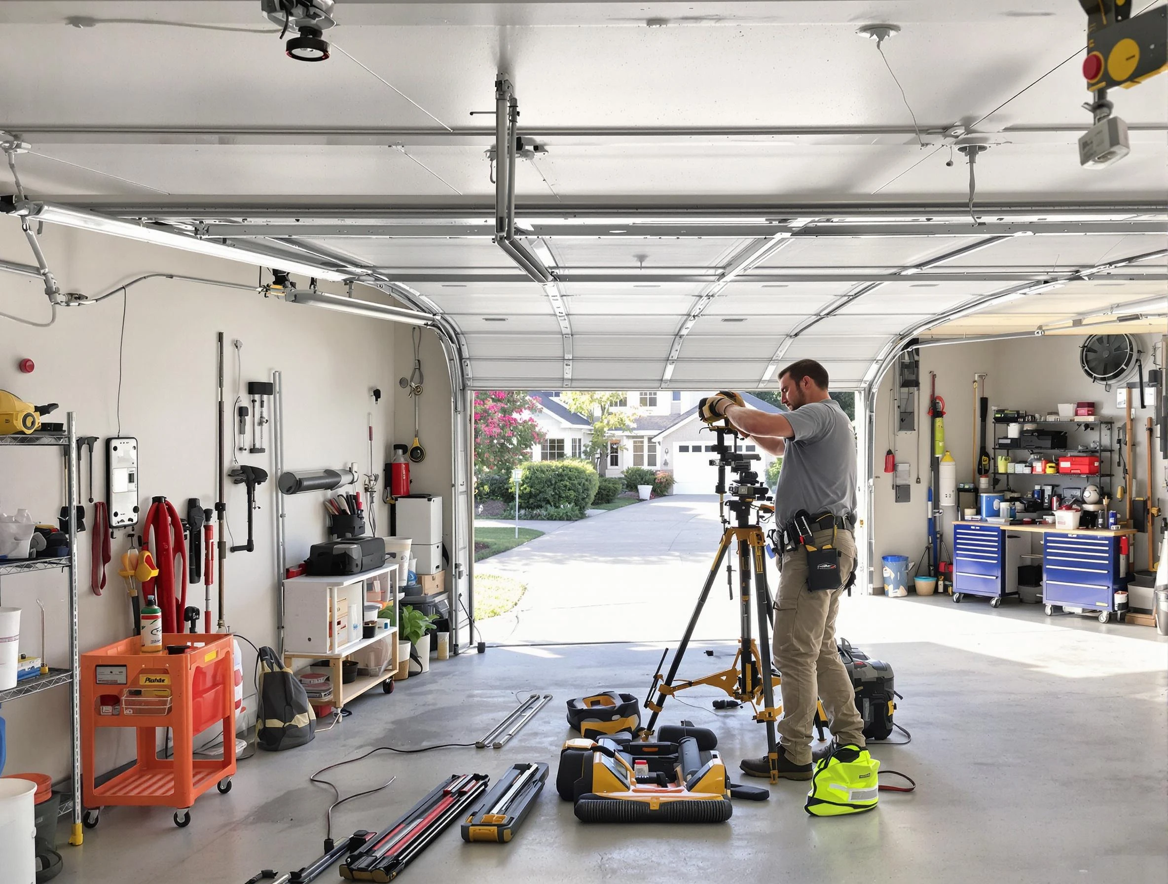 Woodmoor Garage Door Repair specialist performing laser-guided track alignment in Woodmoor
